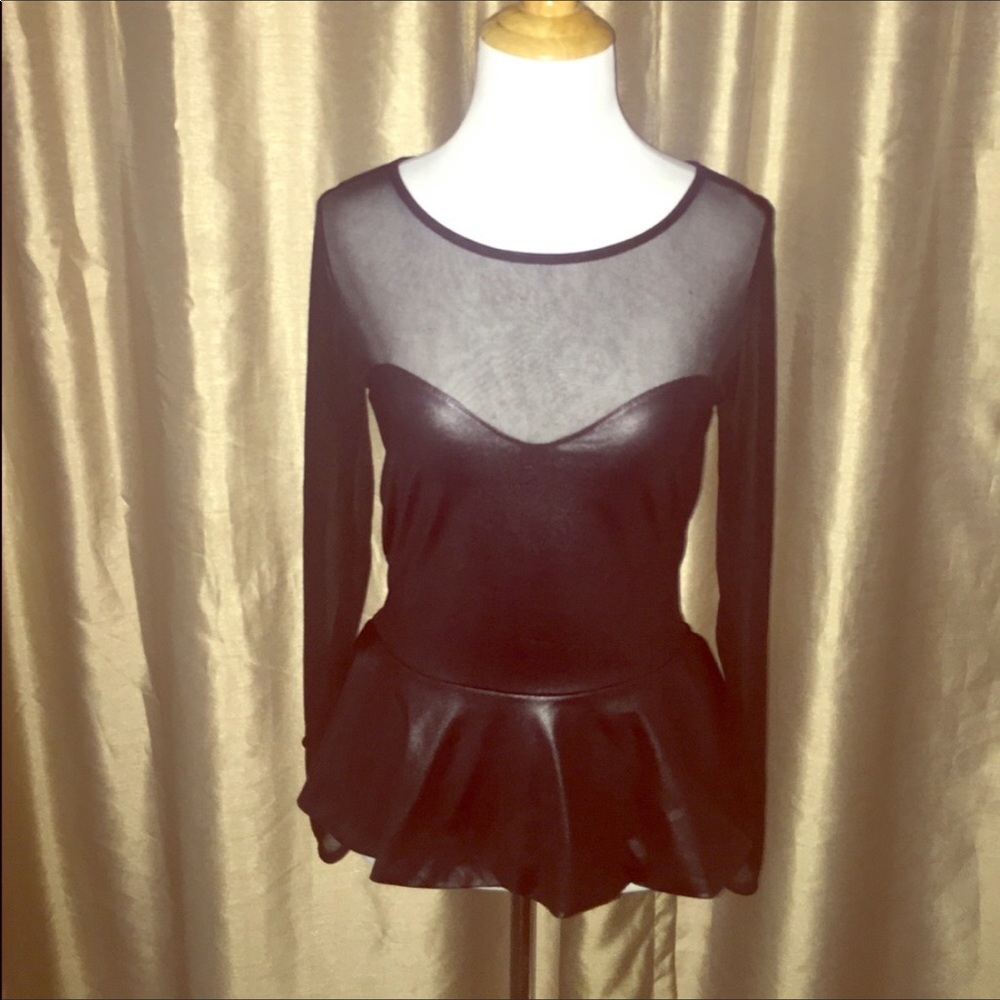 Venus Pleather/mesh long sleeve peplum top